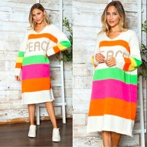 V Neck Long Sleeve "PEACE" Knitted Dress, Women's Oversized, Large